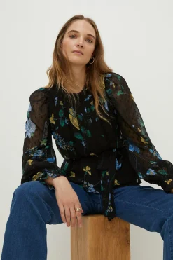 Online Oasis Lace Trim Dobby Chiffon Eastern Floral Long Sleeve Blouse Black