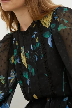 Online Oasis Lace Trim Dobby Chiffon Eastern Floral Long Sleeve Blouse Black
