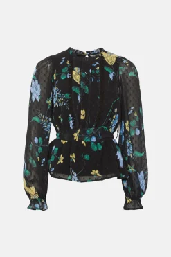 Online Oasis Lace Trim Dobby Chiffon Eastern Floral Long Sleeve Blouse Black