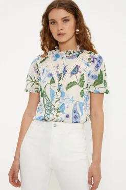 Outlet Oasis Lace Trim Dobby Chiffon Floral Print Blouse Ivory