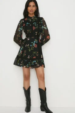 Fashion Oasis Lace Trim Dobby Chiffon Floral Print Skater Dress Multi