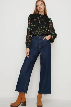 Hot Oasis Lace Trim Dobby Chiffon Floral Print Blouse Black