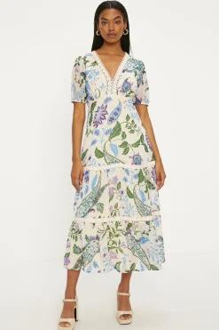 Clearance Oasis Lace Trim Dobby Chiffon Floral Print Midi Dress Ivory