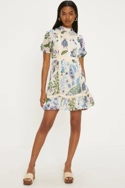 Best Oasis Lace Trim Dobby Chiffon Floral Print Skater Dress Ivory