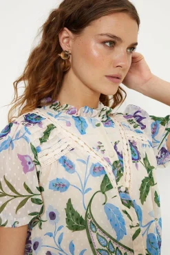 Outlet Oasis Lace Trim Dobby Chiffon Floral Print Blouse Ivory
