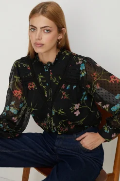 Hot Oasis Lace Trim Dobby Chiffon Floral Print Blouse Black