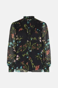 Hot Oasis Lace Trim Dobby Chiffon Floral Print Blouse Black