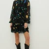 New Oasis Lace Trim Eastern Floral Dobby Chiffon Long Sleeve Skater Dress Black
