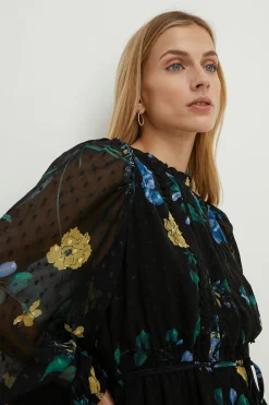 New Oasis Lace Trim Eastern Floral Dobby Chiffon Long Sleeve Skater Dress Black