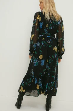 Outlet Oasis Lace Trim Eastern Floral Dobby Chiffon Dress Black