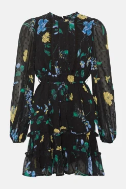 New Oasis Lace Trim Eastern Floral Dobby Chiffon Long Sleeve Skater Dress Black