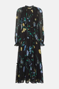 Outlet Oasis Lace Trim Eastern Floral Dobby Chiffon Dress Black
