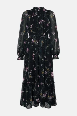 New Oasis Lace Trim Floral Dobby Chiffon Dress Black