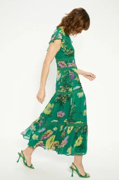 Online Oasis Lace Trim High Neck Chiffon Floral Midi Dress Green