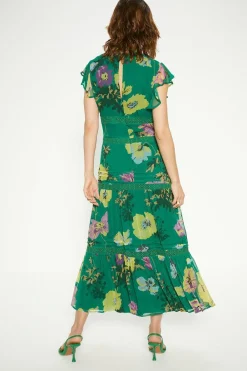 Online Oasis Lace Trim High Neck Chiffon Floral Midi Dress Green