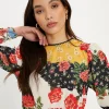 Fashion Oasis Lace Trim Long Sleeve Floral Print Blouse Multi