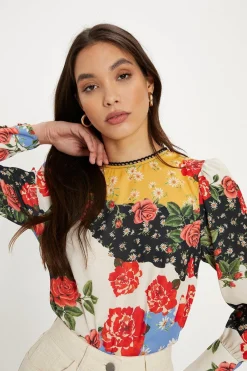 Fashion Oasis Lace Trim Long Sleeve Floral Print Blouse Multi