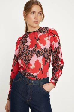 Fashion Oasis Lace Trim Long Sleeve Printed Blouse Multi