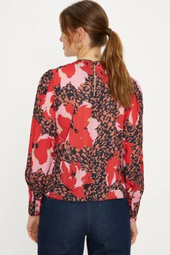 Fashion Oasis Lace Trim Long Sleeve Printed Blouse Multi