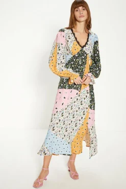 Clearance Oasis Lace Trim Patched Floral Print Midi Dress Multi