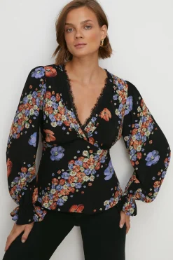Outlet Oasis Lace Trim V Neck Diagonal Floral Tea Blouse Black