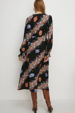 Discount Oasis Lace Trim V Neck Diagonal Floral Midi Dress Black