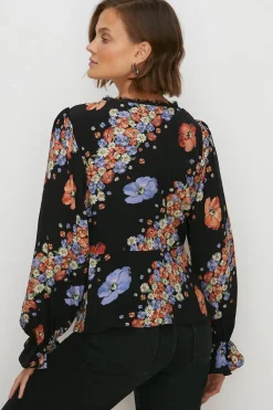 Outlet Oasis Lace Trim V Neck Diagonal Floral Tea Blouse Black