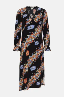 Discount Oasis Lace Trim V Neck Diagonal Floral Midi Dress Black