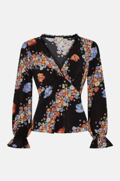 Outlet Oasis Lace Trim V Neck Diagonal Floral Tea Blouse Black