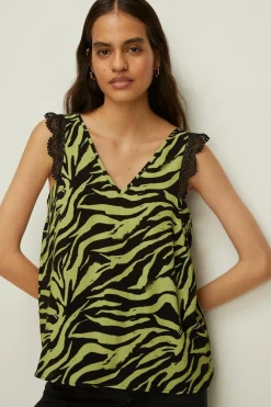 New Oasis Lace Trim Zebra Printed Vest Black