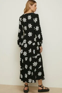 Fashion Oasis Large Daisy Tiered Midi Dress Black