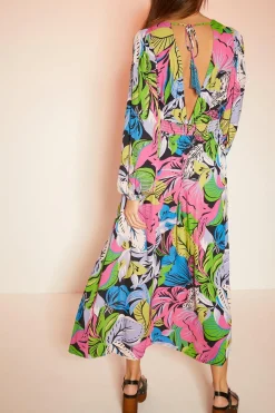 Fashion Oasis Large Floral Beaded Tassel V Neck Midi Dress Multi