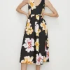 Sale Oasis Large Floral Cross Back Scuba Midi Dress Black
