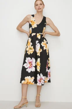 Sale Oasis Large Floral Cross Back Scuba Midi Dress Black