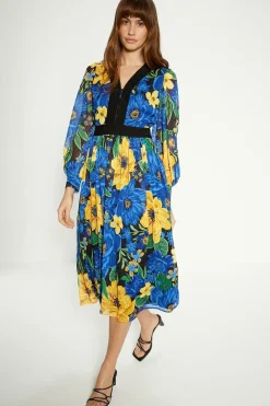 Best Oasis Large Floral Dobby V Neck Midi Dress Blue