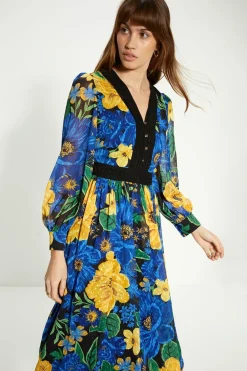 Best Oasis Large Floral Dobby V Neck Midi Dress Blue