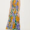 New Oasis Large Floral Gathered Tiered Midi Dress Purple