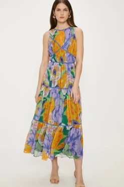 New Oasis Large Floral Gathered Tiered Midi Dress Purple