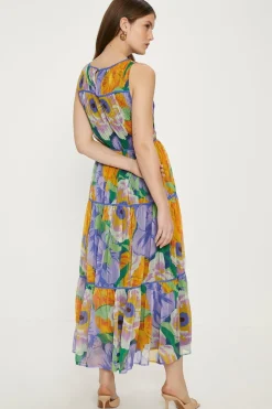 New Oasis Large Floral Gathered Tiered Midi Dress Purple
