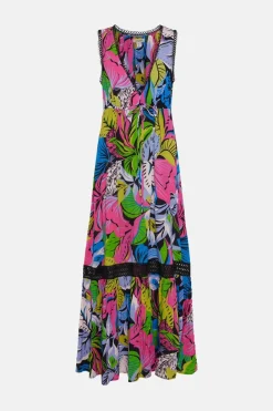 Fashion Oasis Large Floral Lace Trim Plunge Dress Multi