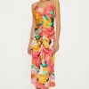 Hot Oasis Large Floral Ruched Satin Slip Dress Orange