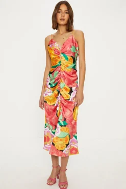 Hot Oasis Large Floral Ruched Satin Slip Dress Orange