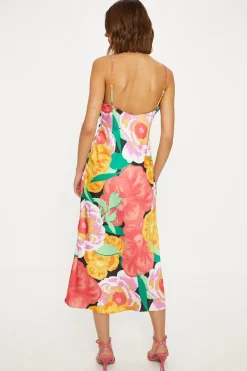 Hot Oasis Large Floral Ruched Satin Slip Dress Orange
