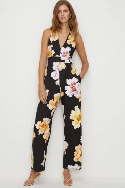 Hot Oasis Large Floral Scuba V Neck Jumpsuit Black