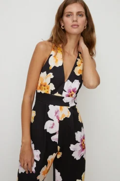 Hot Oasis Large Floral Scuba V Neck Jumpsuit Black