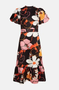 Hot Oasis Large Floral Tiered Scuba Midi Dress Multi
