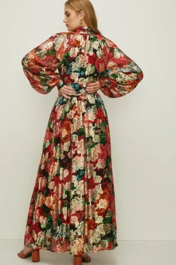 Clearance Oasis Large Rose Metallic Cut Out Maxi Dress Red