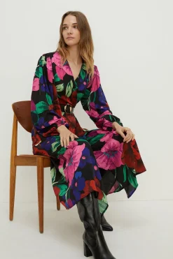 New Oasis Large Scale Bold Floral Wrap Midi Dress Multi
