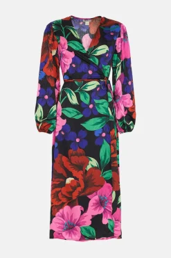 New Oasis Large Scale Bold Floral Wrap Midi Dress Multi