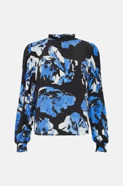 Clearance Oasis Large Scale Floral Printed Shirred Cuff Top Black